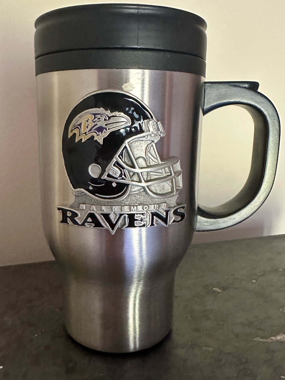 NFL Baltimore Ravens Football insulated mug spill proof slide lid silver